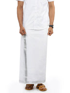 Ramraj Cotton Mens Pure Cotton 1 1 / 2 " Silver Jari Dhoti - White