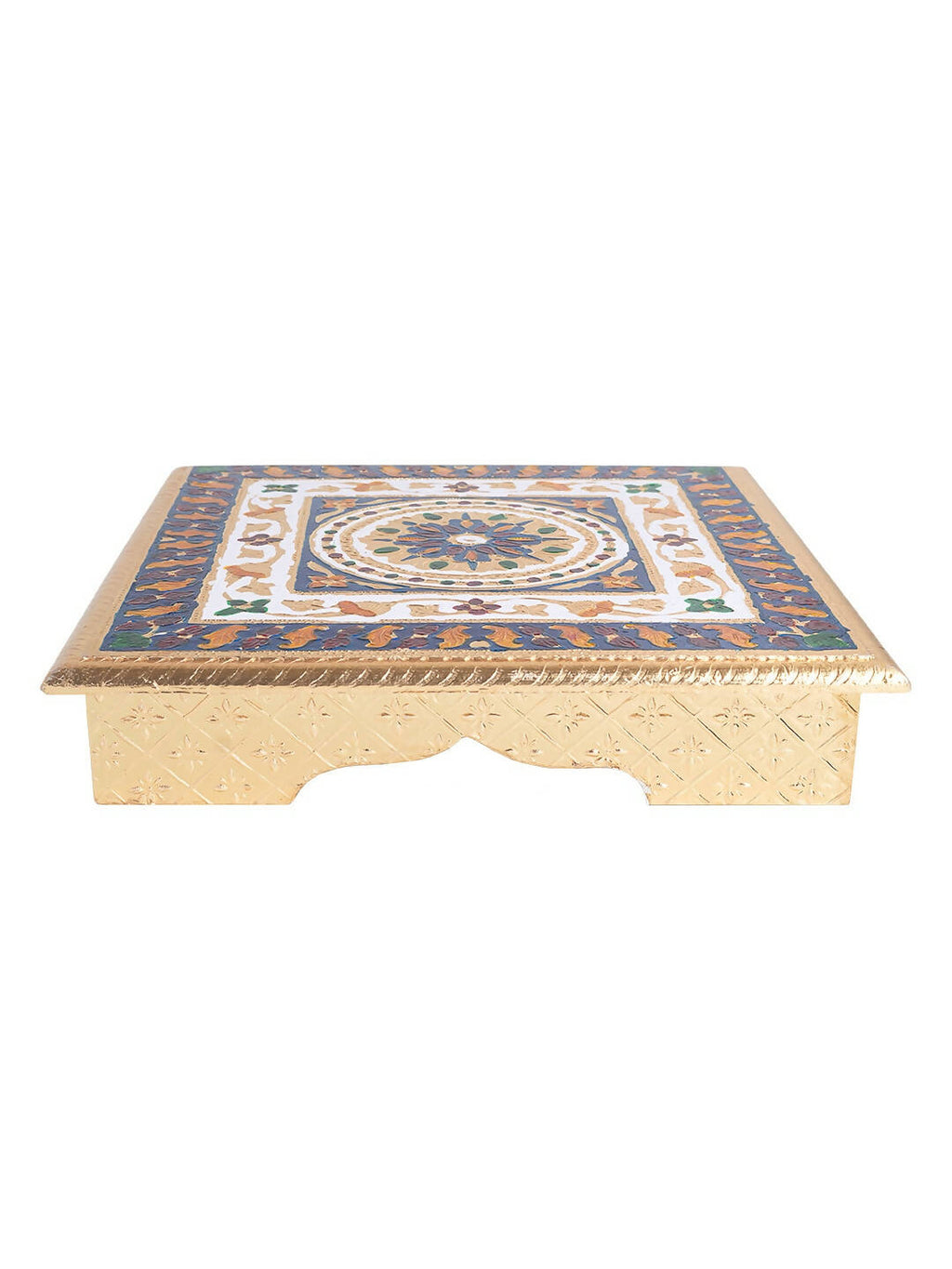 Golden Peacock Gold-Toned & Red Handcrafted Meenakari Wooden Chowki
