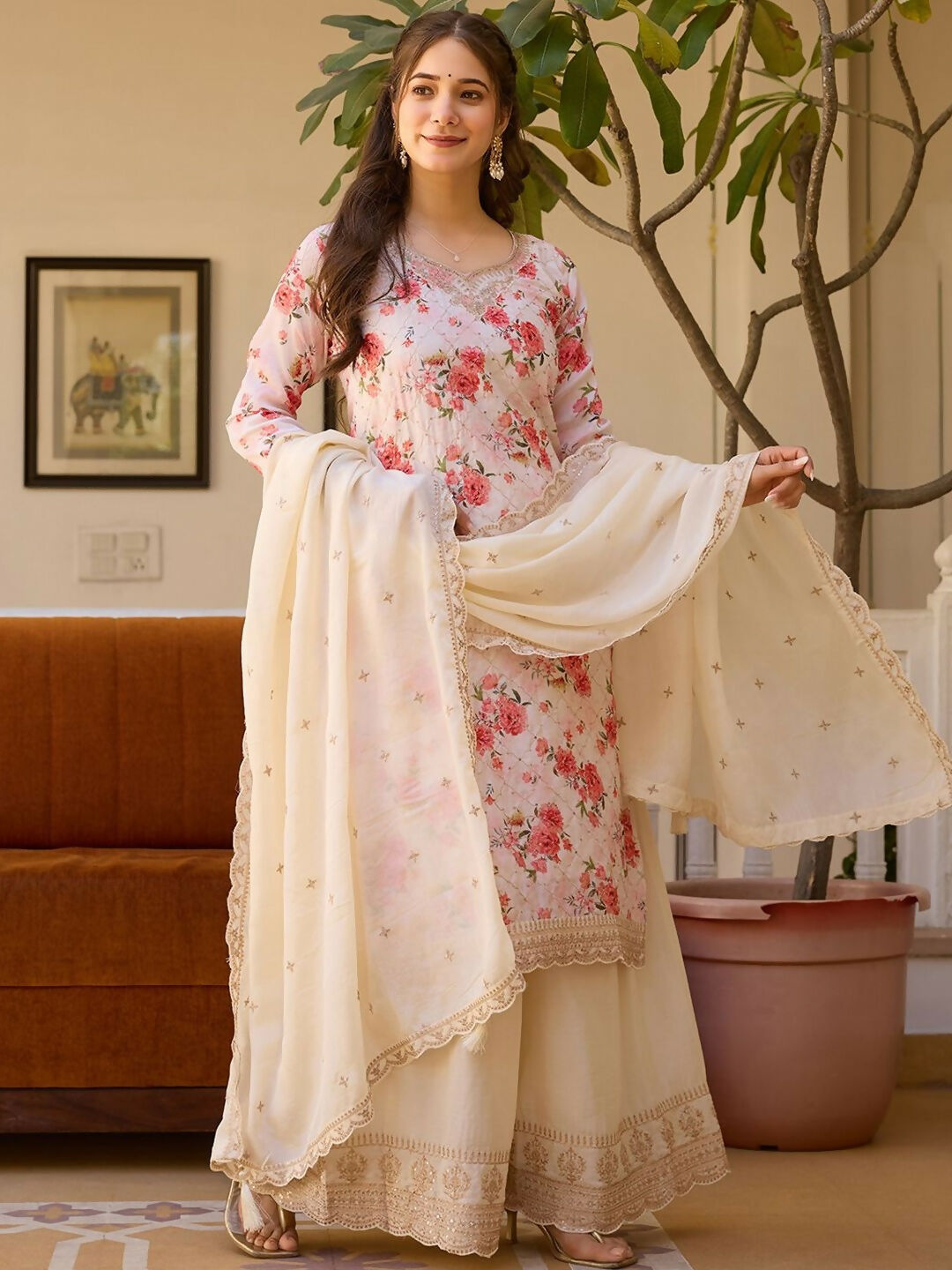 The52 White Women's Gorgeous Embroidered Chinon Fabric Straight Kurta Palazzo and Dupatta Set - Distacart