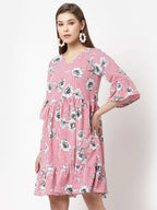 Myshka Women's Pink Poly Crepe Printed Bell Sleeve Round Neck Dress