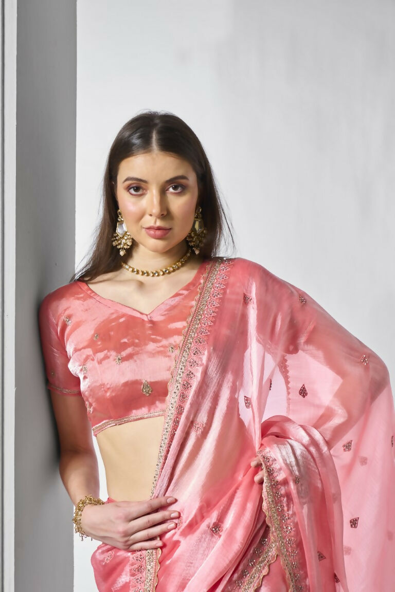 Coral Burburry silk Designer Embroidery Work Saree - Shezlin