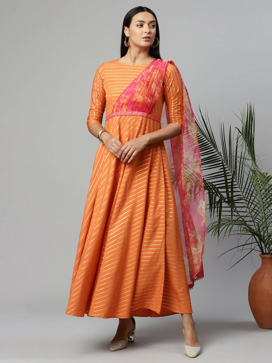 Ahalyaa Women's Orange Crepe Gold Print Dress - Distacart
