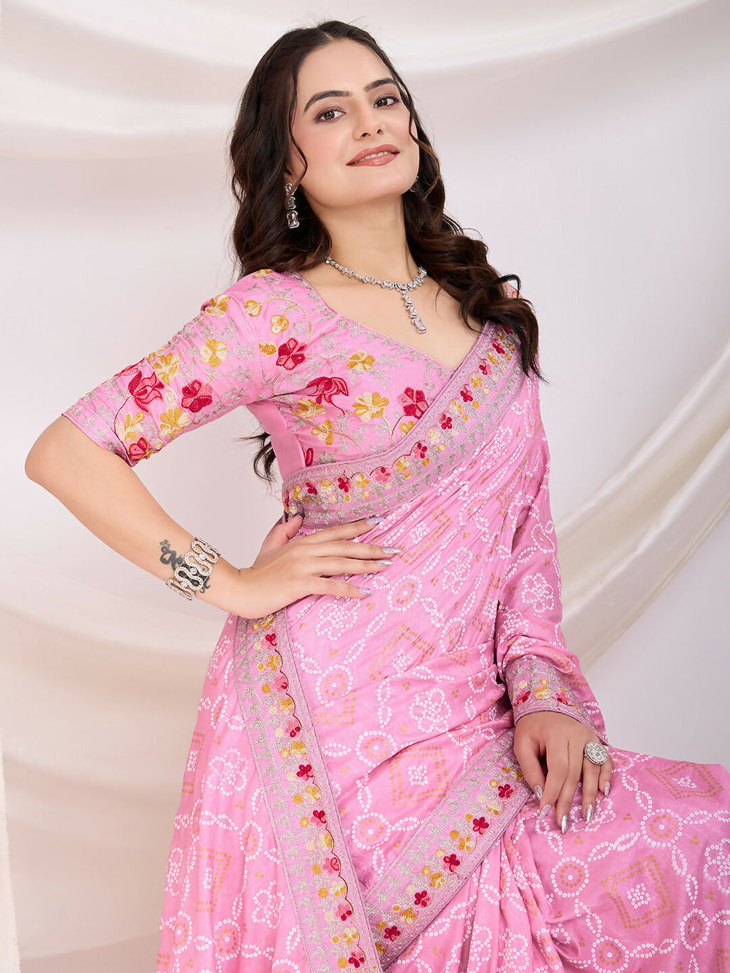 Pink Vichitra Silk Bandhani Printed, Embroidery Work Saree - Ditya