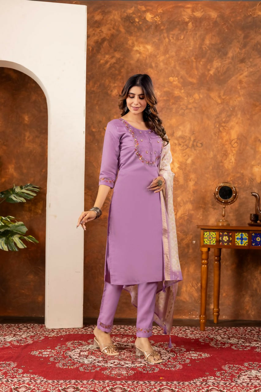 Lavender Daily Wear Silk Kurti with Pant for Women by Infinity Export
