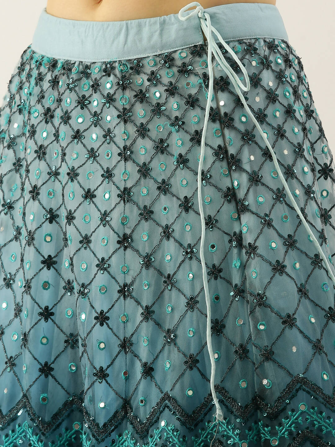 House of Panchhi Women Teal Net Embroidered Sequins Lehenga & Blouse with Dupatta