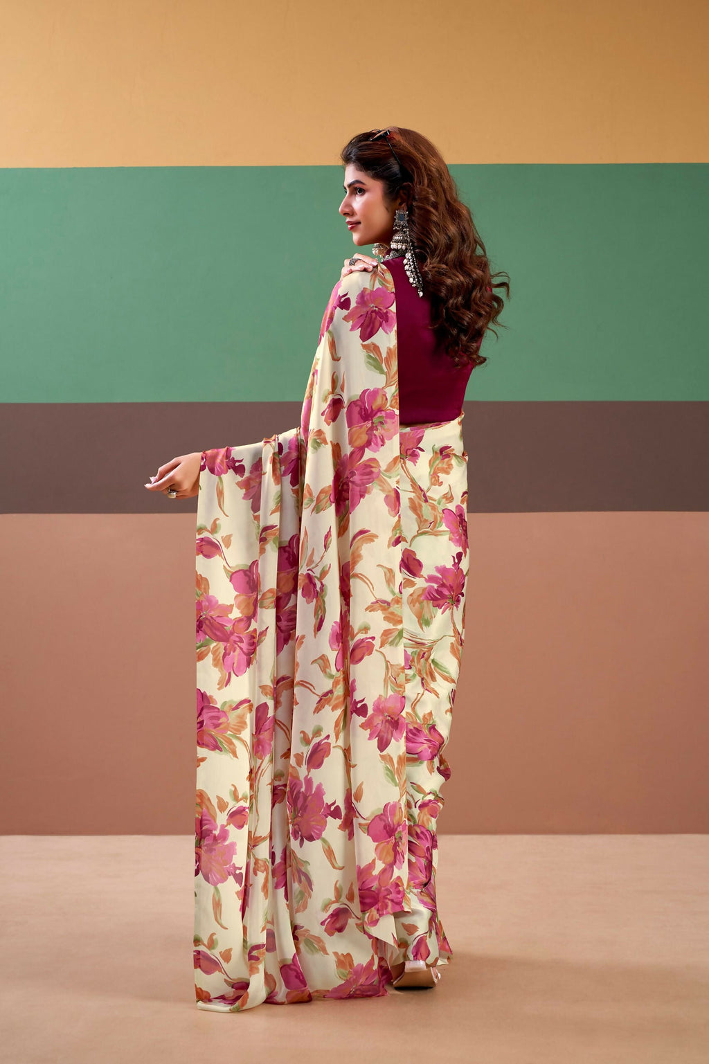 Vastranavya Pink Satin Silk Floral Printed Saree with Stitched Blouse - Distacart