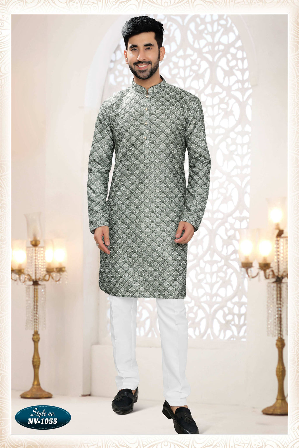 Joban Fashion Men's Green Straight Silk Thread Embroidery All Over Kurta Set