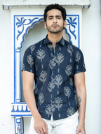Miravan Men's Pure Cotton Blue Floral Printed Half Sleeve Slim Fit Shirt