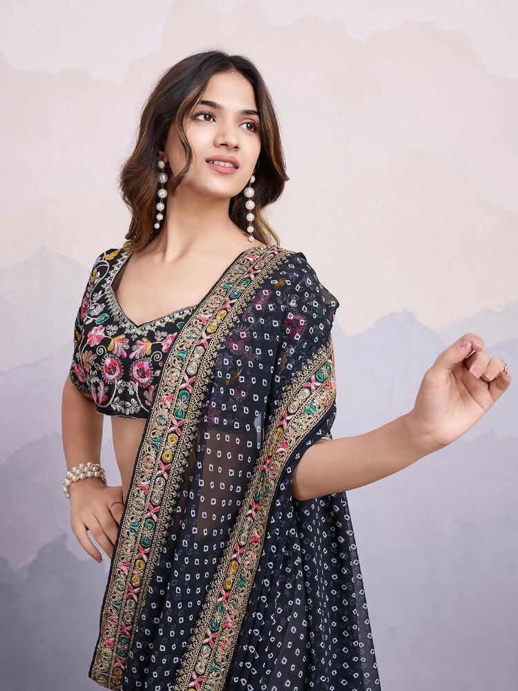Black Georgette Bandhani Printed,Embroidery Work Saree - Surkhi