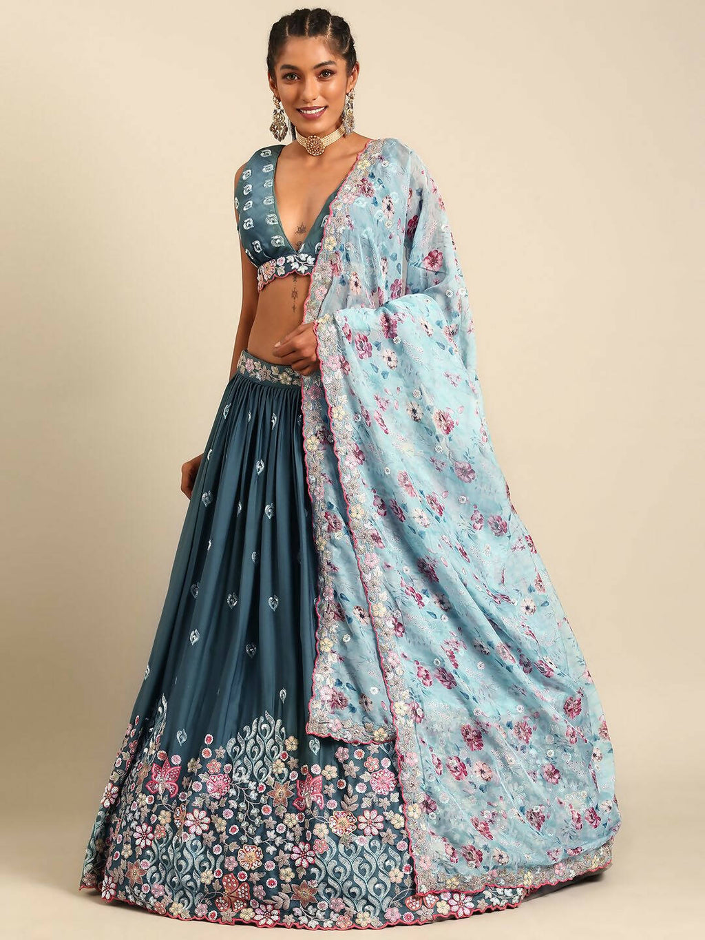 House of Panchhi Teal Blue Chinon Sequins embroidery Lehenga choli & Dupatta
