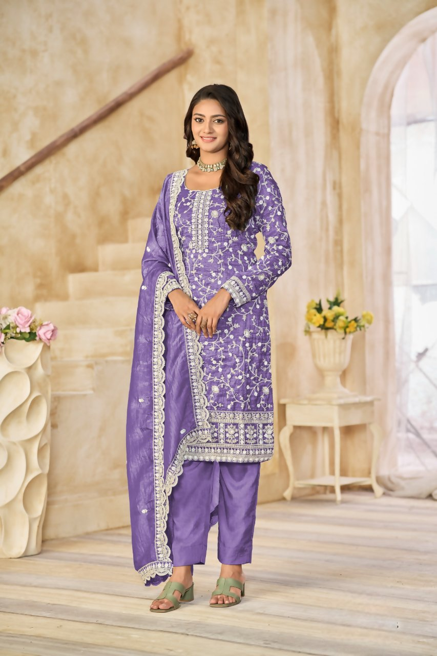 Anaita Purple Organza Crush Stitched Suit with Embroidery Work - Distacart
