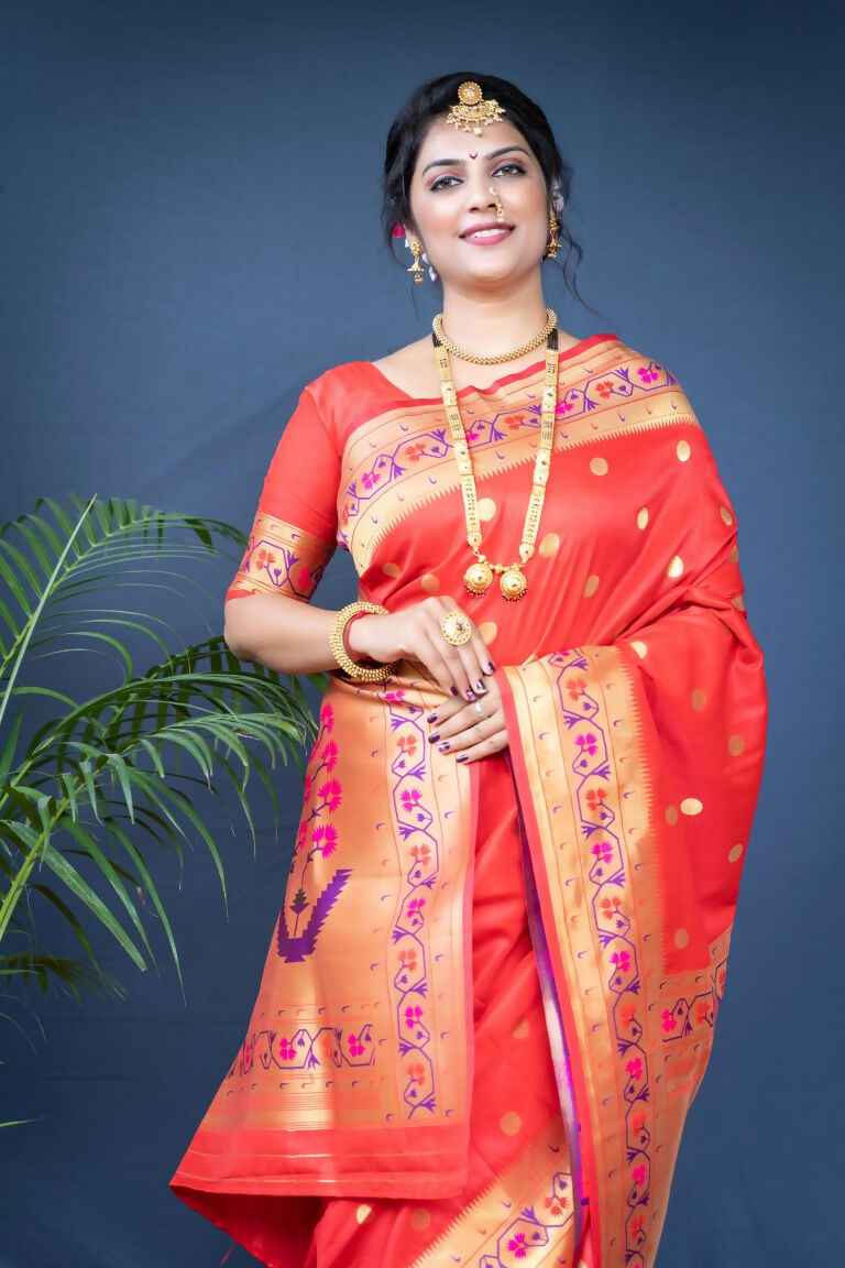Jyoti Fashion Women's Red Paithani Silk Zari Woven Saree with Blouse - Distacart