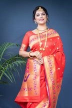 Jyoti Fashion Women's Red Paithani Silk Zari Woven Saree with Blouse - Distacart