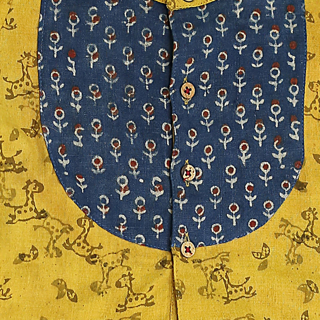 Mhyssa Block Printed Blue Ghagra Choli With Stand Collar & Puff Sleeves Set