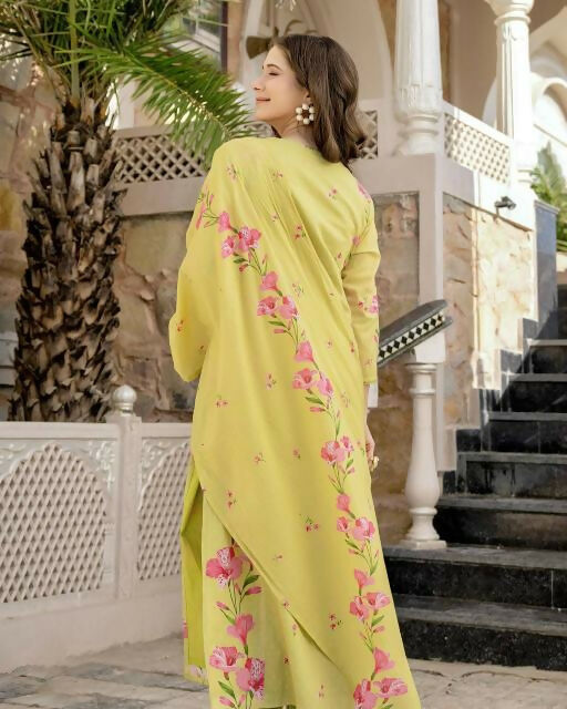 The52 Lemons Women's Beautiful Chanderi Fabric Printed Work Straight Kurta Pant and Dupatta Set - Distacart