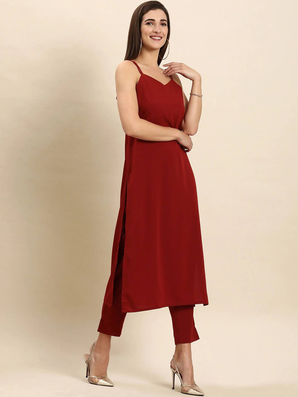 Janasya Maroon Kurta with Trousers & With Dupatta - Distacart