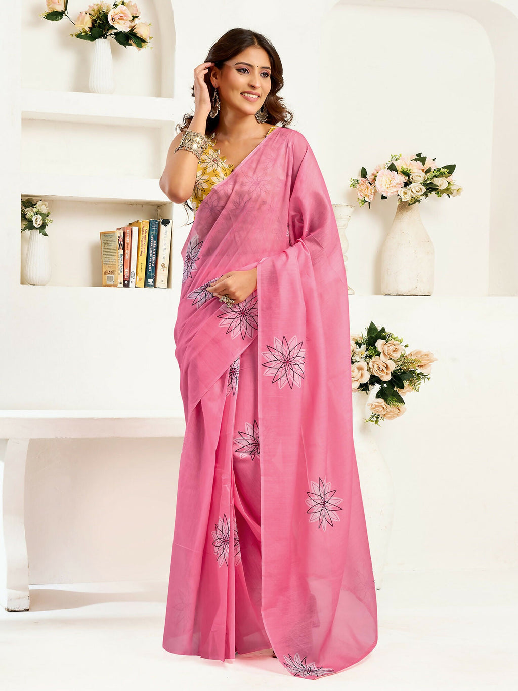 Joban Fashion Baby Pink Geomatric Linen Ready To Wear Saree With Unstitched Blouse - Distacart