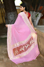 Joban Fashion Baby Pink Crepe Chiffon Pure Handloom Banarasi Silk Saree