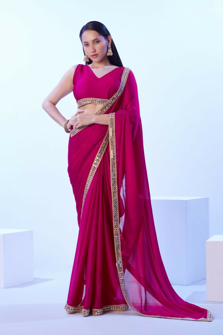 Pink Satin Chiffon Solid Designer & Lace Work Saree - Samaa