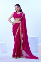 Pink Satin Chiffon Solid Designer & Lace Work Saree - Samaa