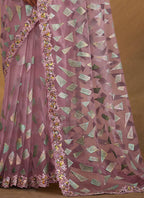 Light Purple Velvet Texture Net Designer Saree with Unstitched Blouse - Norita Mahitha - Distacart