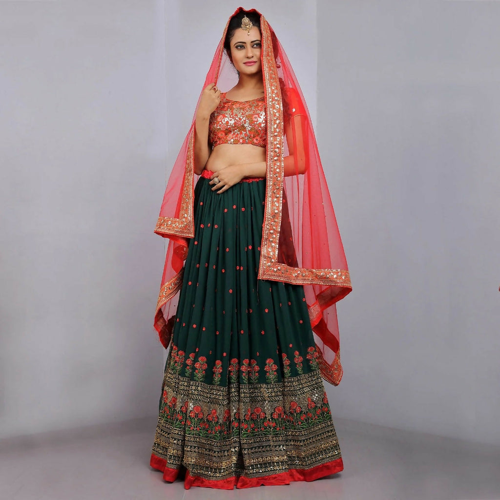 Jyoti Fashion Red & Bottle Green Thread & 3mm Sequence Embroidery Georgette Lehenga Choli with Dupatta