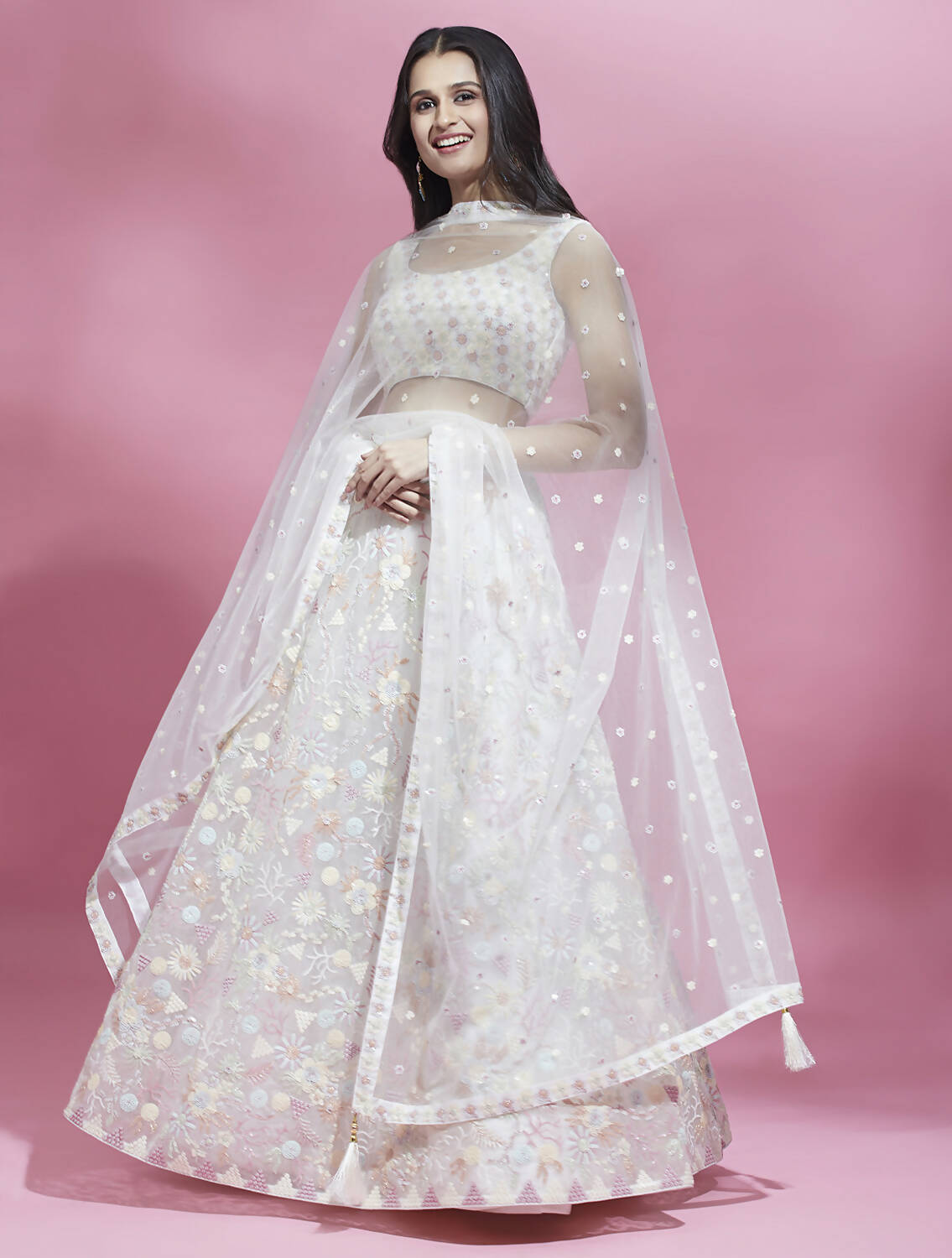 House of Panchhi Cream Net heavy Sequinse embroidery Lehenga choli & Dupatta