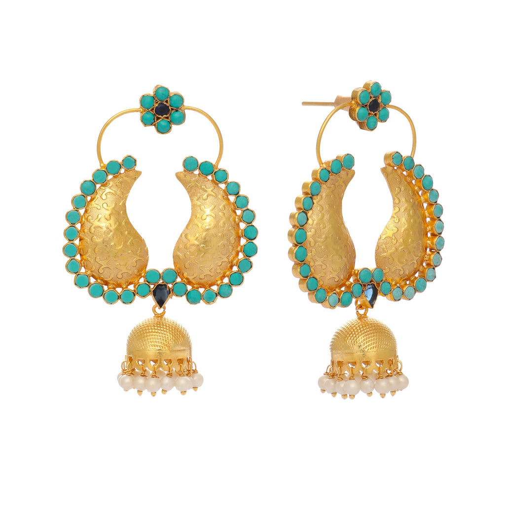 Nuyug 22K Gold Plated Turquoise Stone Studded Contemporary Mini Jhumki Dangler Earrings - Distacart