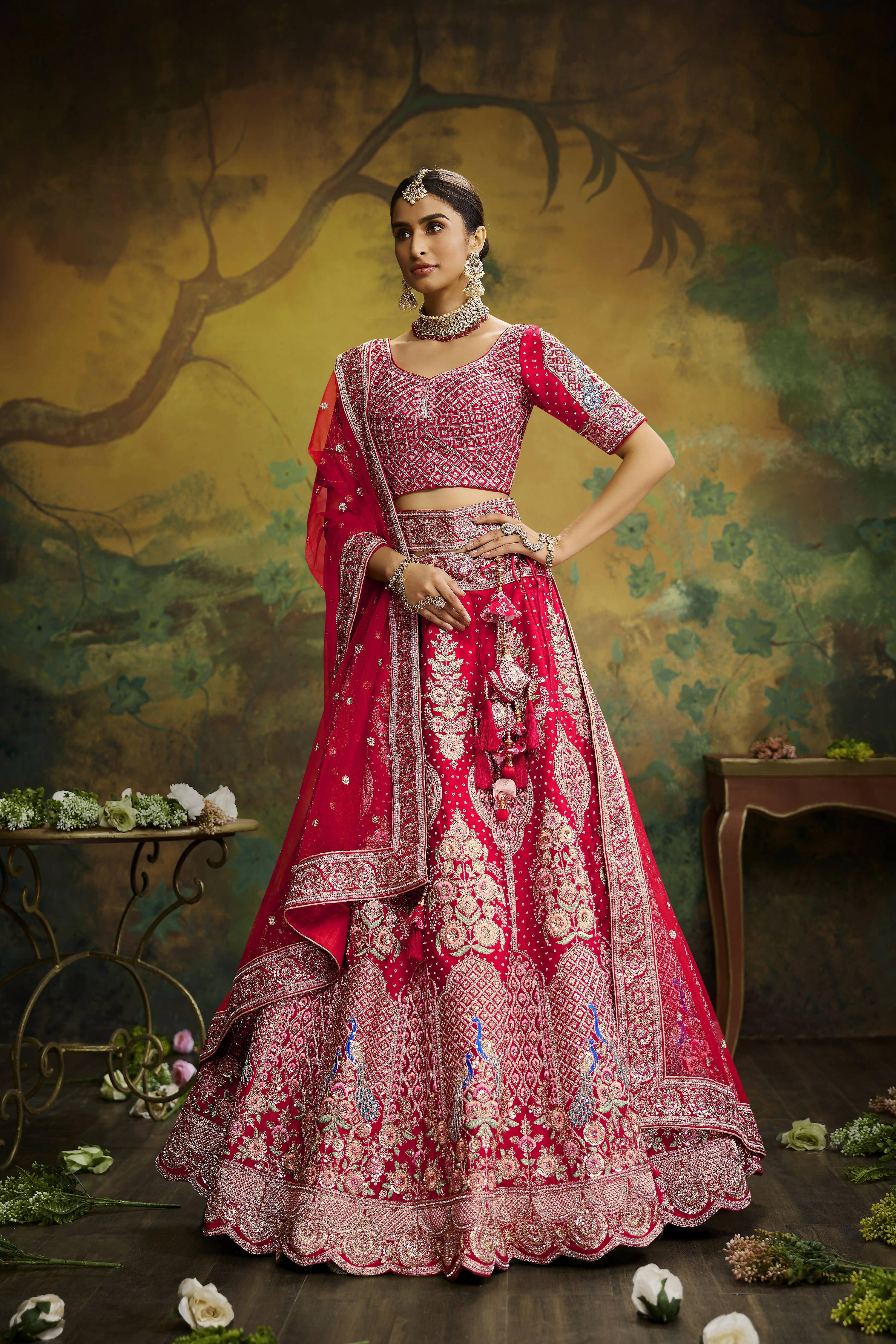 House of Panchhi Red Pure Silk Moti & Zarkan heavy embroidery Lehenga choli & Dupatta