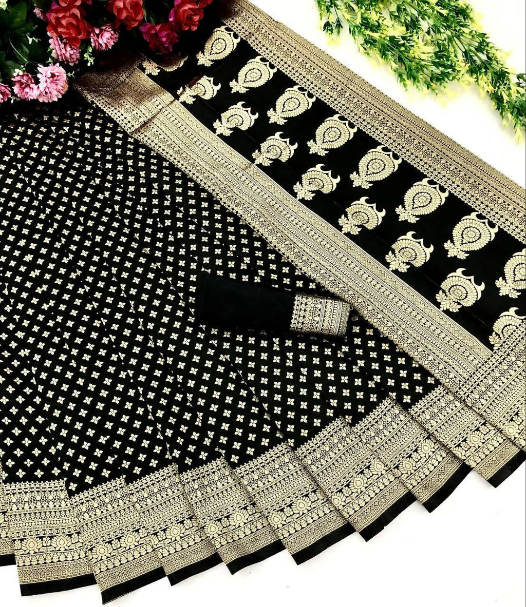 DEIANA'S Beautiful Designer Golden zari Soft Lichi Silk Saree - Black
