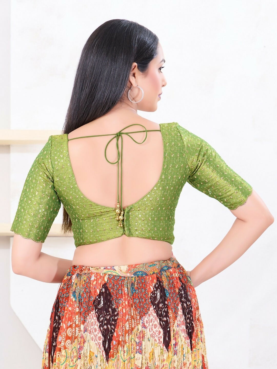 Joban Fashion Green Tissue Elbow Sleeveless Back Open Blouse