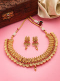 NVR Women Gold-Polished Pink Stone Studded Handcrafted Temple Jewellery Set
