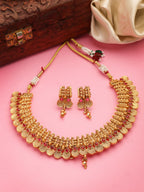 NVR Women Gold-Polished Pink Stone Studded Handcrafted Temple Jewellery Set