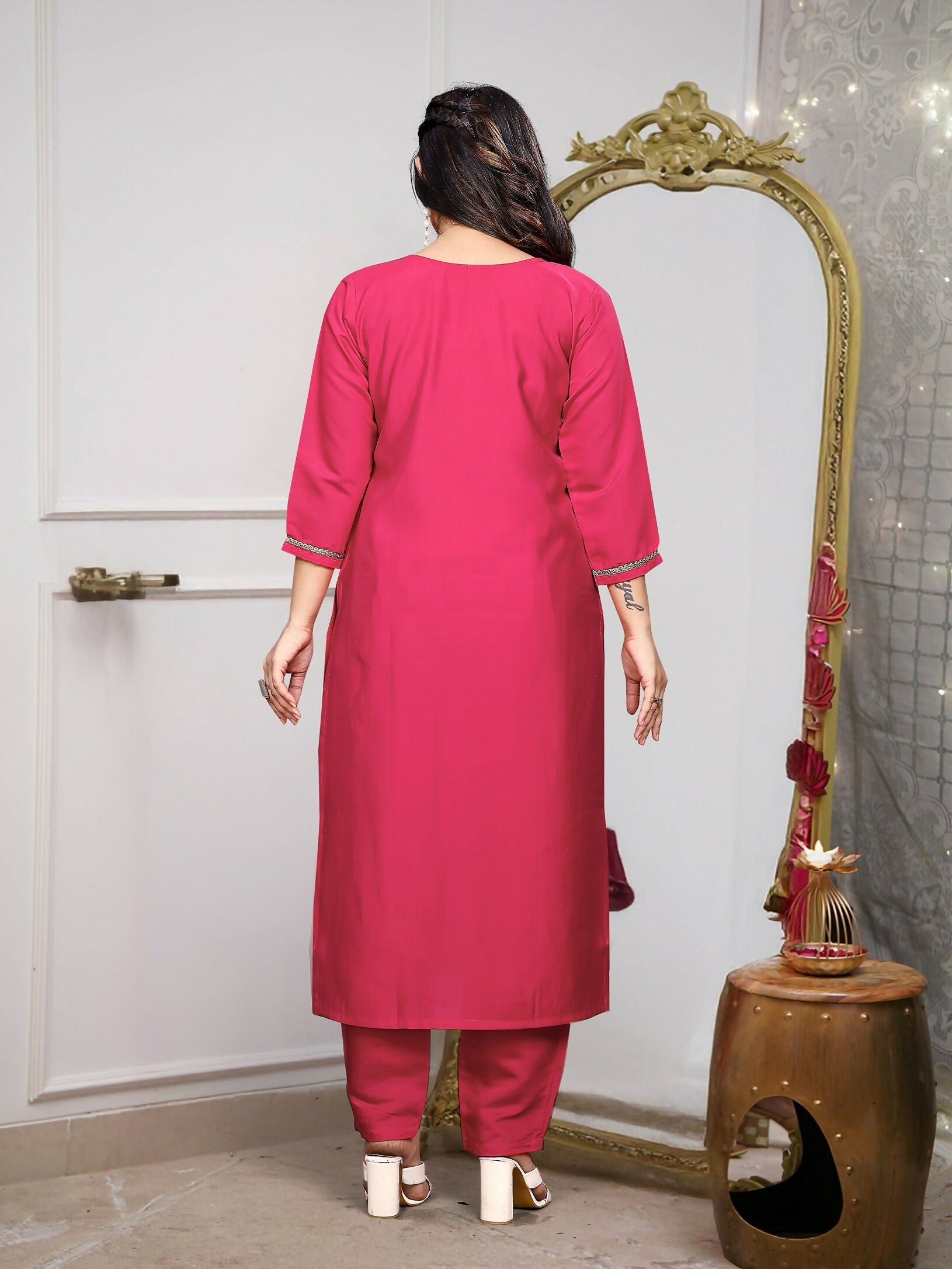 The52 Gajri Women's Gorgeous Embroidered Viscose Chanderi Fabric Straight Kurta Pant with Dupatta Set - Distacart