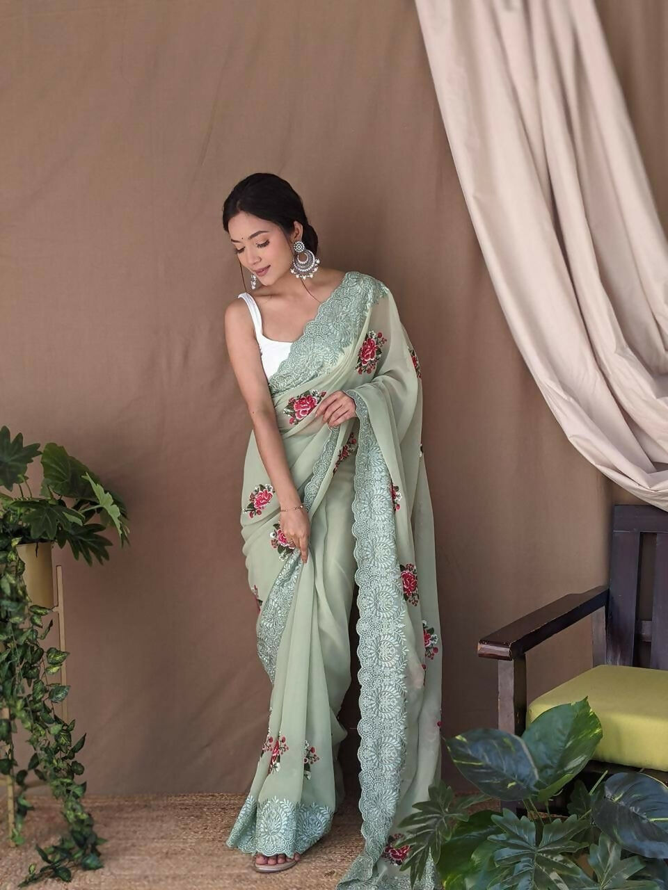 Vamsee Fana Green Georgette Silk Saree