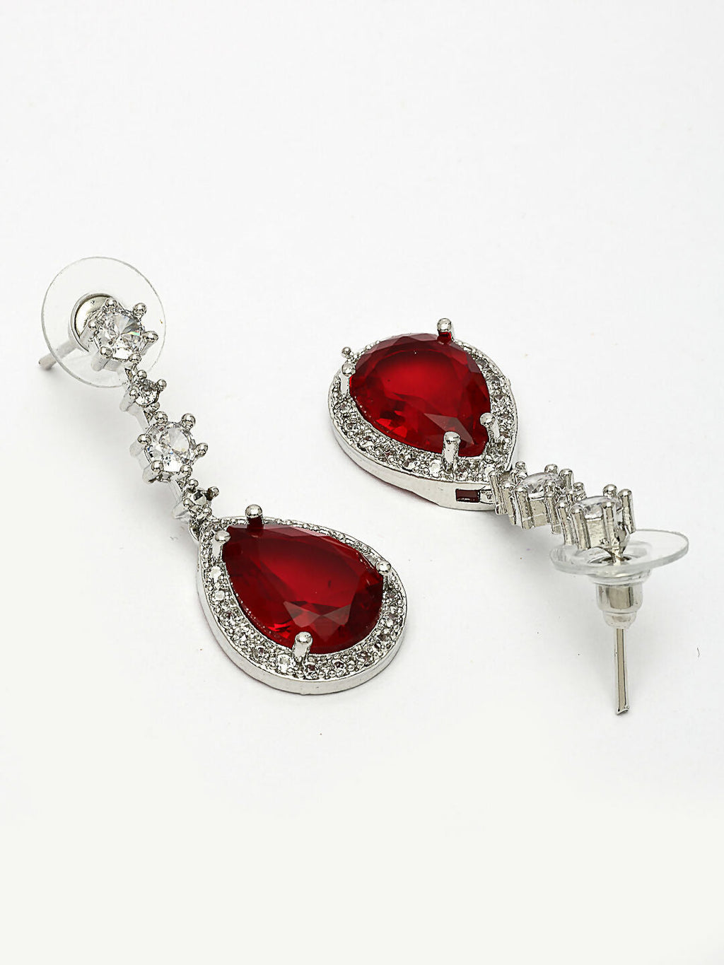 NVR Women's Silver-Plated Red American Diamond-Studded Handcrafted Jewellery Set