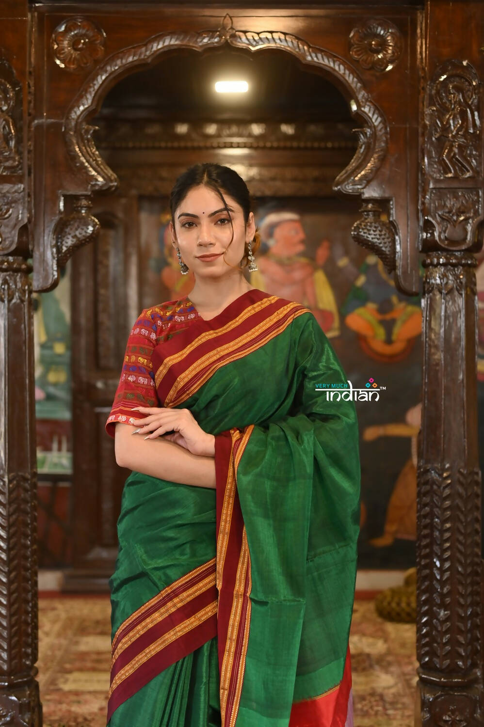 Very Much Indian Handloom Cotton Viscose Ilkal Saree Bright Green With Red Border - Distacart