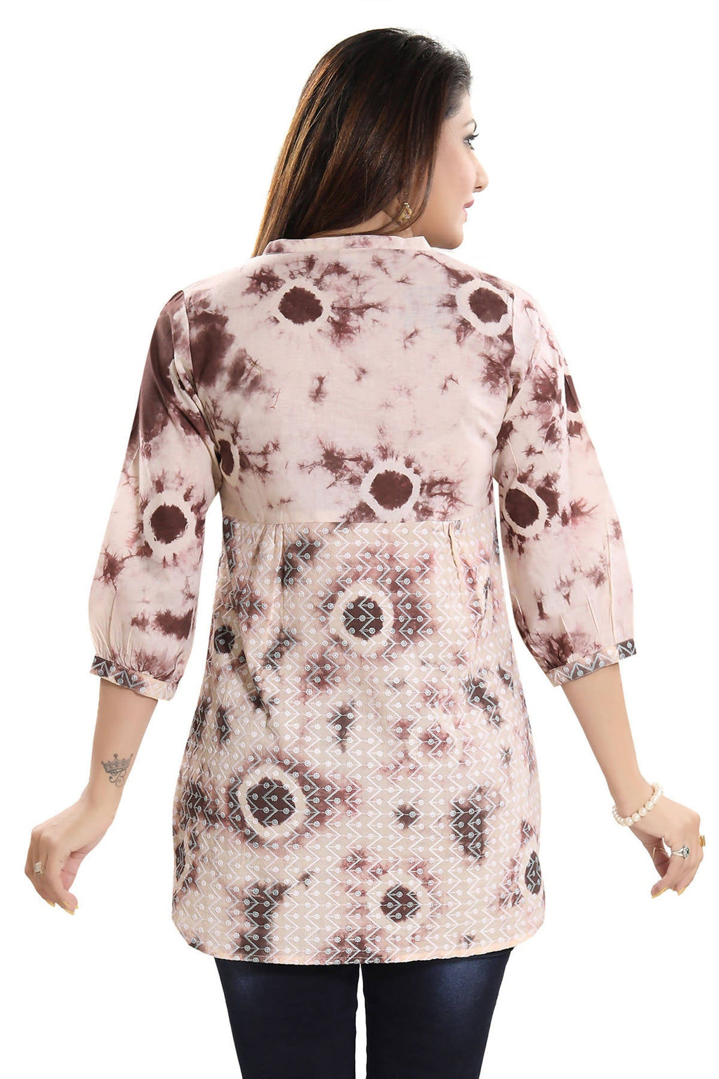 Snehal Creations Bold Beige Cotton Chikan Short Kurti Top With Batik Printing - Distacart