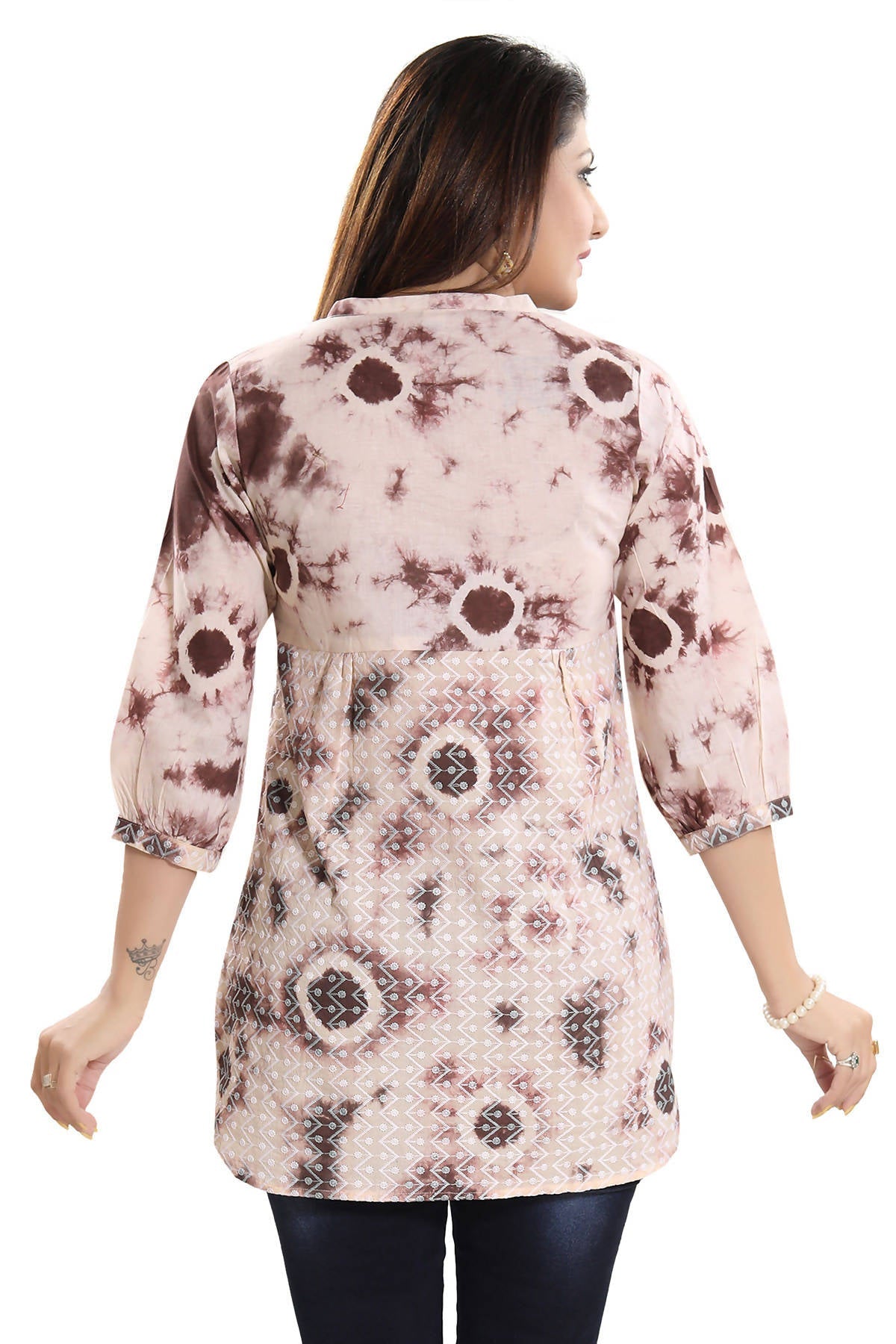 Snehal Creations Bold Beige Cotton Chikan Short Kurti Top With Batik Printing - Distacart