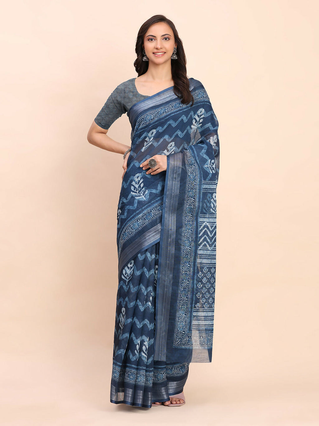 Shree Shyam Fashion Linen Cotton Indigo Blue Saree - Distacart
