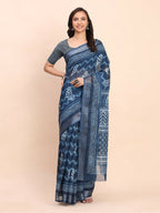 Shree Shyam Fashion Linen Cotton Indigo Blue Saree - Distacart