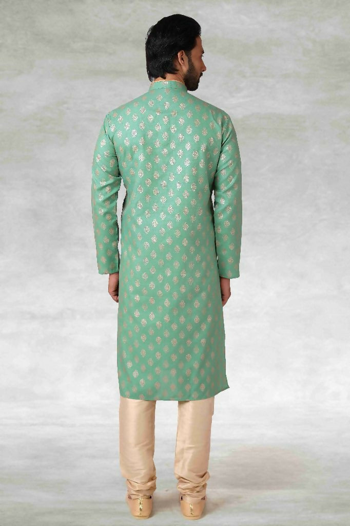 Raivat Ethnic Cotton Printed Work Kurta Pajama In Green Colour