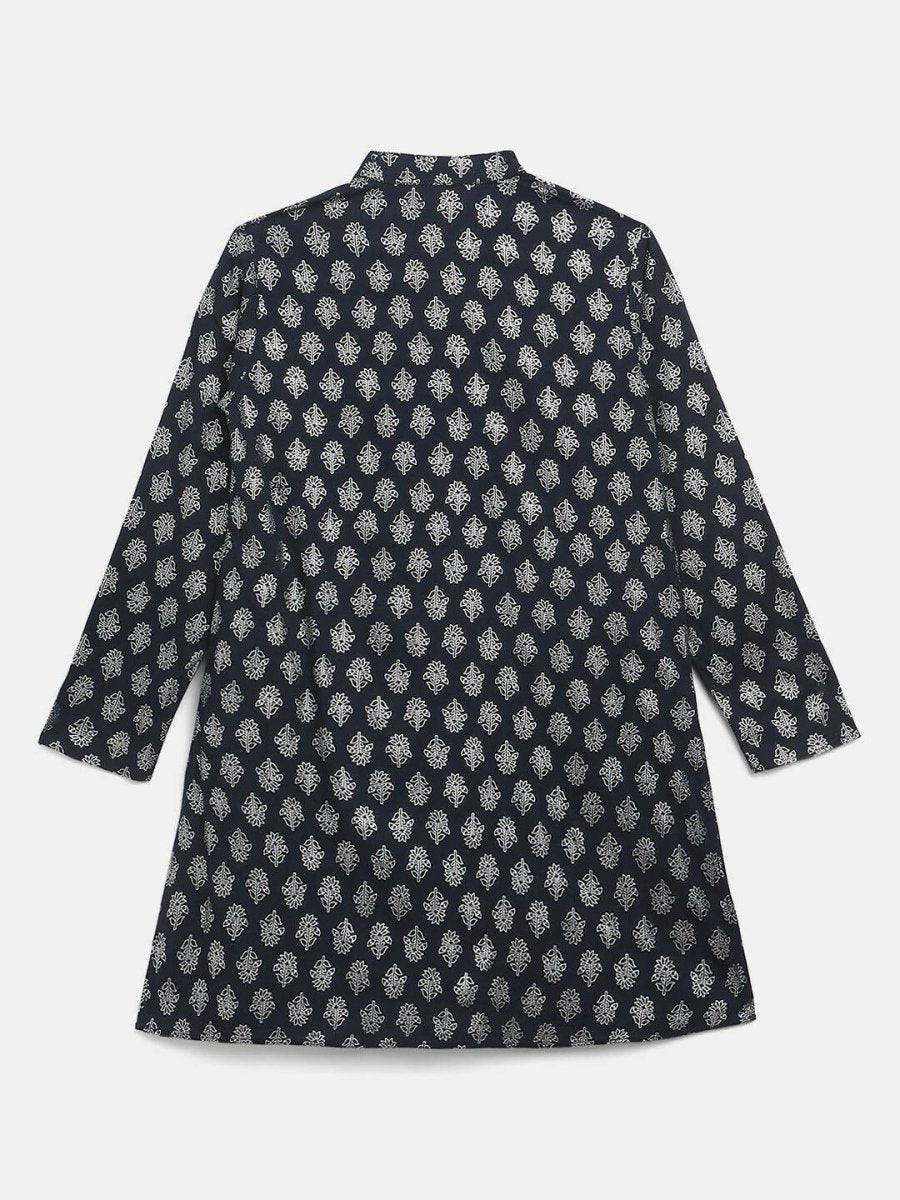 Ahalyaa Navy Blue Poly Rayon Silver Foil Print Kids Kurta Churidar Set For Boys