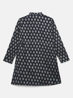 Ahalyaa Navy Blue Poly Rayon Silver Foil Print Kids Kurta Churidar Set For Boys