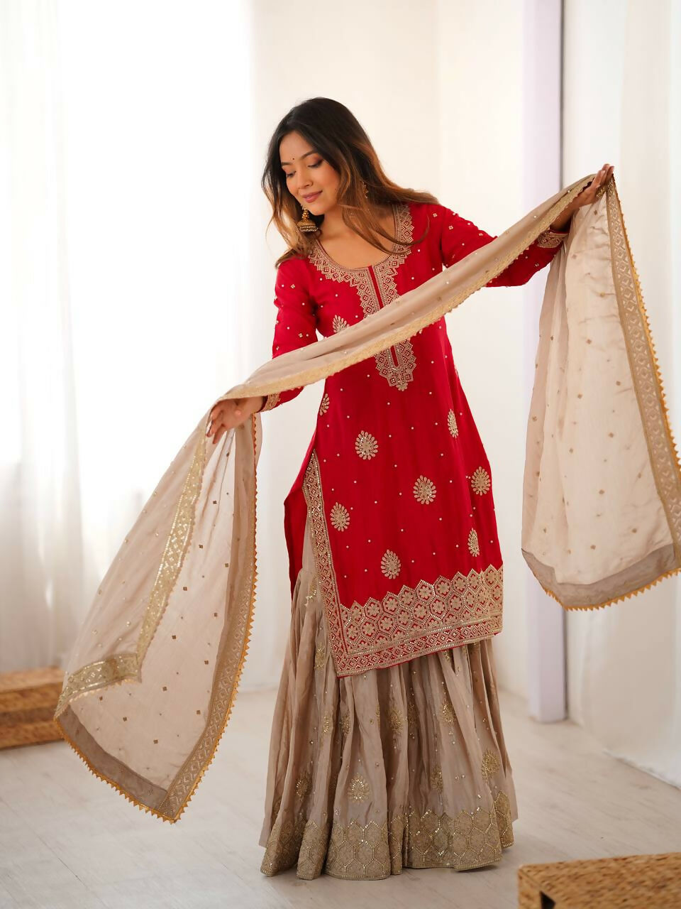 Lehenga Mart Designer Sharara Suit With Kurta, Sharara, Dupatta For Women-Red - Distacart