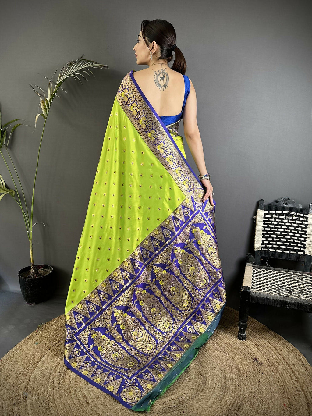 Joban Fashion Parrot Green Intricate Motifs Soft Silk Banarasi Saree