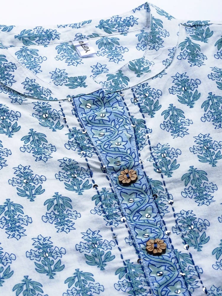Yufta Women White & Blue Ethnic Hand Block Print Pure Cotton Kurta with Trouser & Dupatta
