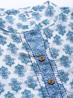 Yufta Women White & Blue Ethnic Hand Block Print Pure Cotton Kurta with Trouser & Dupatta