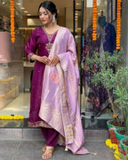 The52 Women's Beautiful Chanderi Fabric Embroidery Work Flared Kurta Pant and Dupatta Set - Distacart