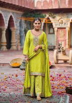 Anaita Lime Yellow Premium Embroidery Dhaga Sequin Work Ready Made Suit - Distacart